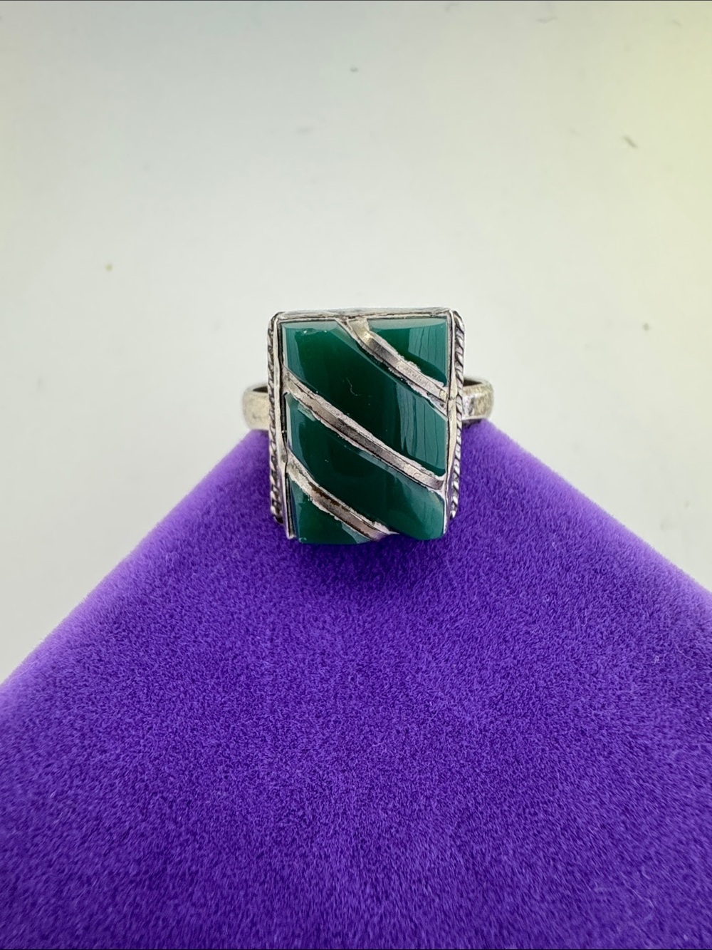 💛 Vintage 925 Green Onyx Rectangular Stone Silver Ring